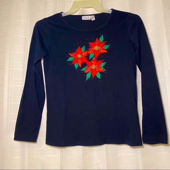 Kim Rogers Tops - Kim Rogers black poinsettia shirt with beadwork.